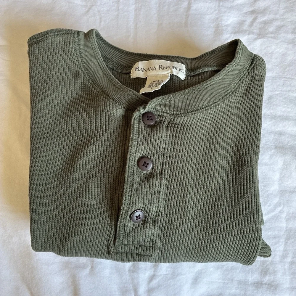 Banana Republic Shirt Mens L Waffle Knit Thermal Henley Long Sleeve Y2K Cotton